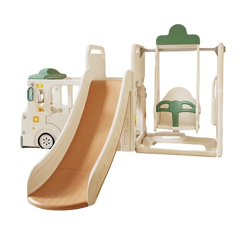 Nichiduta Garden Spatiu de joaca pentru copii 4 in 1 Nichiduta Happy Bus White cu saltea impermeabila din spuma Leagan convertibil Tobogan cu manere si trepte antiderapante Cos de baschet