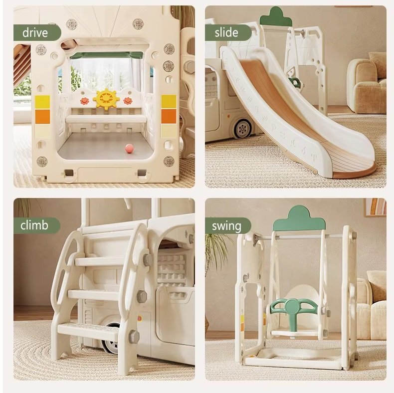 Nichiduta Garden Spatiu de joaca pentru copii 4 in 1 Nichiduta Happy Bus White cu saltea impermeabila din spuma Leagan convertibil Tobogan cu manere si trepte antiderapante Cos de baschet