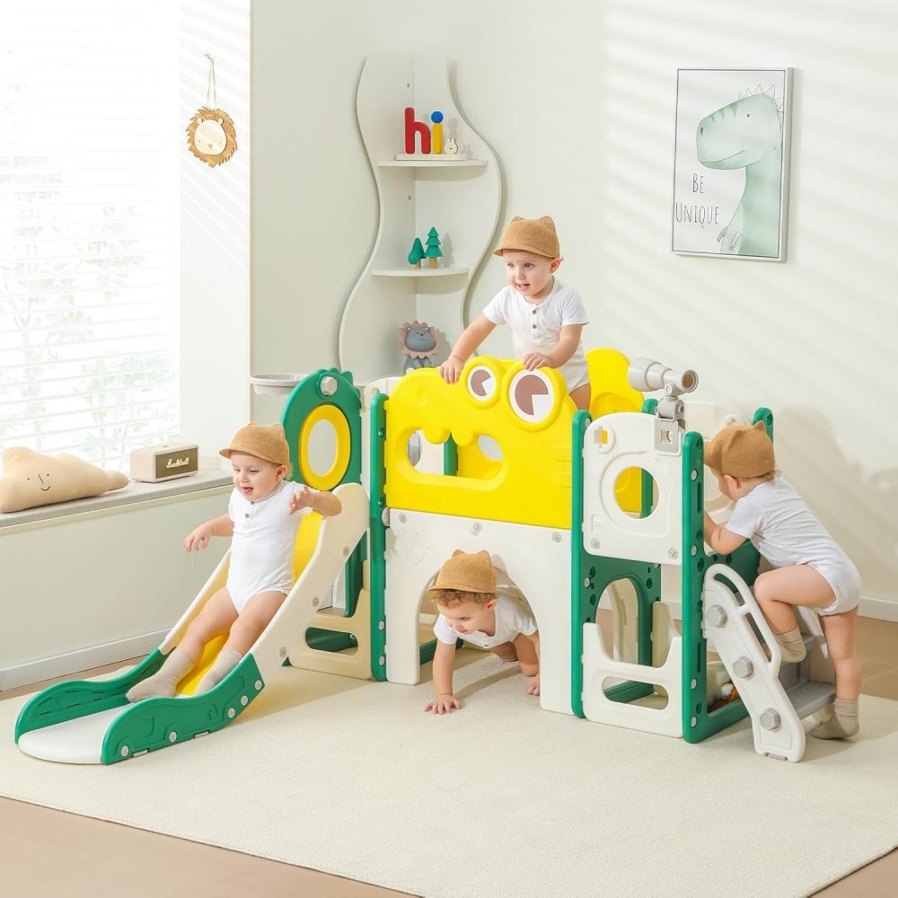 Nichiduta Garden Spatiu de joaca pentru copii greenwhite cu tobogan cos de baschet balustrada de sustinere treptele late dimensiune 134 x 152 x 94 cm