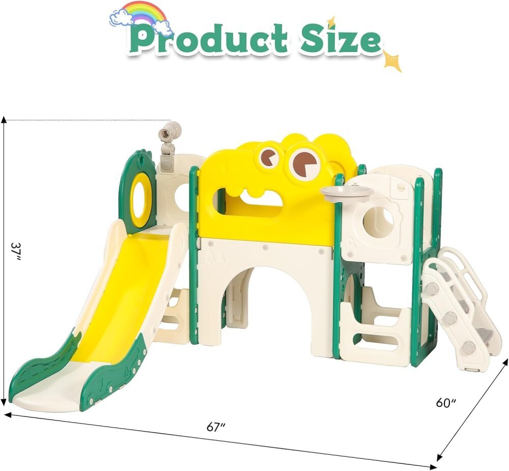 Nichiduta Garden Spatiu de joaca pentru copii greenwhite cu tobogan cos de baschet balustrada de sustinere treptele late dimensiune 134 x 152 x 94 cm