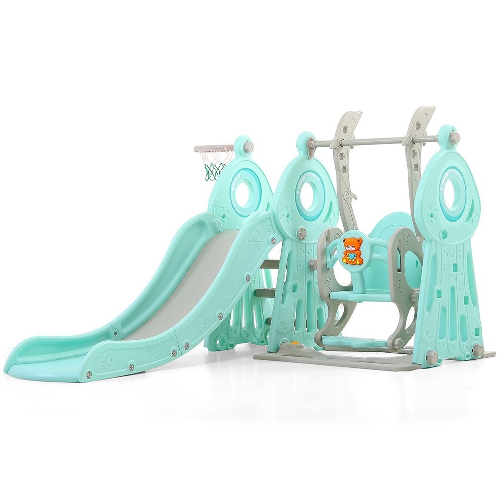 Nichiduta Garden Spatiu de joaca pentru copii Ocean Blue interiorexterior 3in1 cu tobogan leagan cu bara de protectie detasabila si inaltime reglabila jucarie muzicala cos de baschet si minge inclusa