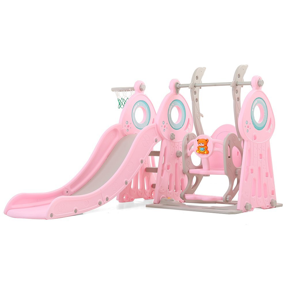 Nichiduta Garden Spatiu de joaca pentru copii Ocean Pink interiorexterior 3in1 cu tobogan leagan cu bara de protectie detasabila si inaltime reglabila jucarie muzicala cos de baschet si minge inclusa