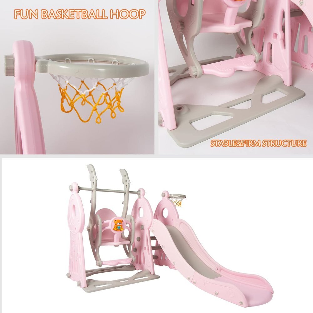 Nichiduta Garden Spatiu de joaca pentru copii Ocean Pink interiorexterior 3in1 cu tobogan leagan cu bara de protectie detasabila si inaltime reglabila jucarie muzicala cos de baschet si minge inclusa
