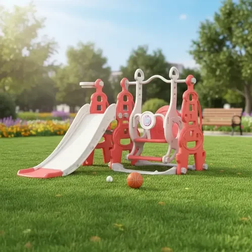 Nichiduta Garden Spatiu de joaca pentru copii Tower Red interiorexterior 3in1 cu tobogan leagan cu bara de protectie detasabila jucarie muzicala cos de baschet si mingie inclusa