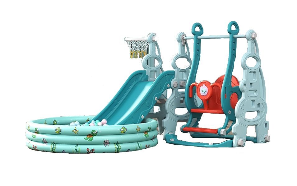 Nichiduta Garden Spatiu de joaca Tower Blue 3in1 cu tobogan leagan cu bara de protectie detasabila jucarie muzicala Cos de baschet Minge si piscina cu 200 bile incluse