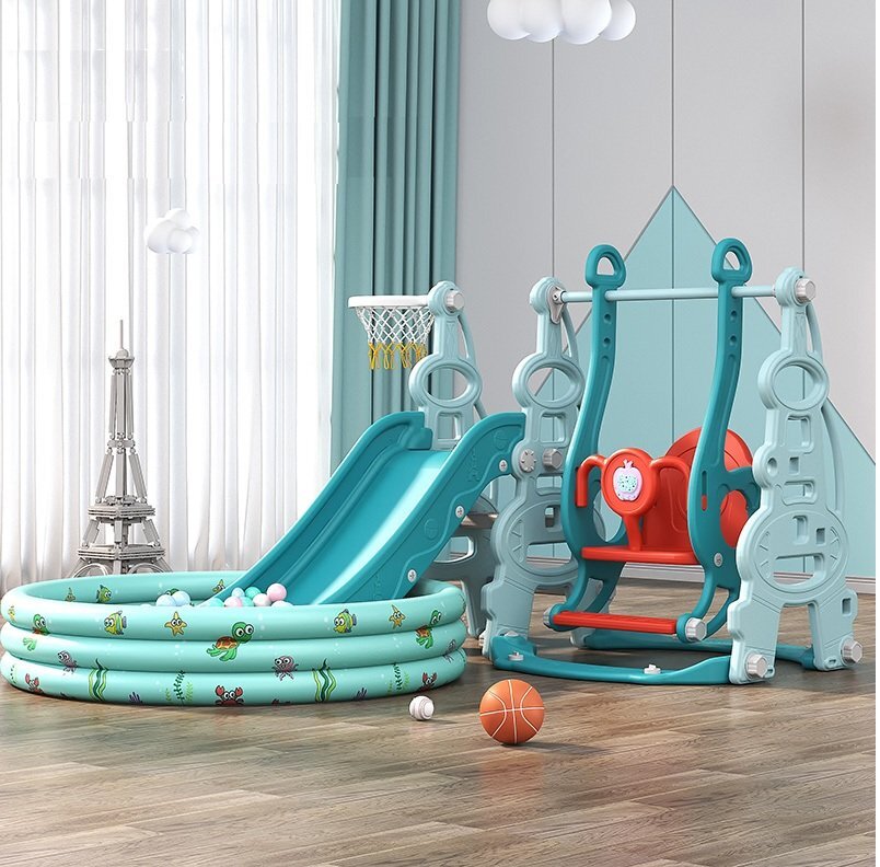 Nichiduta Garden Spatiu de joaca Tower Blue 3in1 cu tobogan leagan cu bara de protectie detasabila jucarie muzicala Cos de baschet Minge si piscina cu 200 bile incluse
