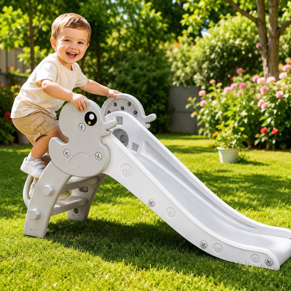 Nichiduta Garden Tobogan Duck White interiorexterior cu margini rotunjite Protectii laterale Lungime panta alunecare 115 cm Varsta 1 an+
