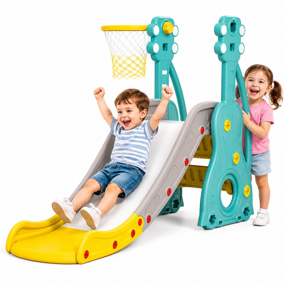 Nichiduta Garden Tobogan Musical 2 in 1 cu cos de baschet cu structura solida margini rotunjite trepte late si manere