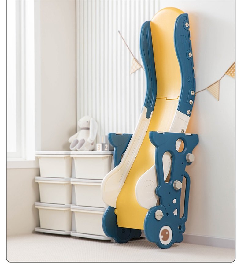 Nichiduta Garden Tobogan pentru copii Dinosaur Blue cu mini-cos de Baschet si joc de precizie cu inele prevazut cu scara manere de sustinere design pliabil dimensiune 150 x 67.5 cm