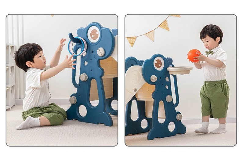 Nichiduta Garden Tobogan pentru copii Dinosaur Blue cu mini-cos de Baschet si joc de precizie cu inele prevazut cu scara manere de sustinere design pliabil dimensiune 150 x 67.5 cm