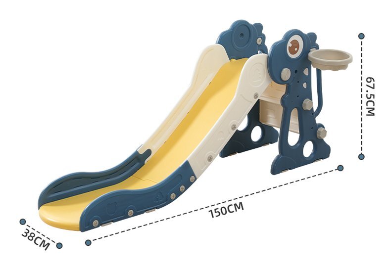 Nichiduta Garden Tobogan pentru copii Dinosaur Blue cu mini-cos de Baschet si joc de precizie cu inele prevazut cu scara manere de sustinere design pliabil dimensiune 150 x 67.5 cm