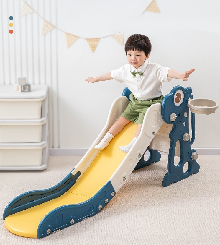 Nichiduta Garden Tobogan pentru copii Dinosaur Blue cu mini-cos de Baschet si joc de precizie cu inele prevazut cu scara manere de sustinere design pliabil dimensiune 150 x 67.5 cm