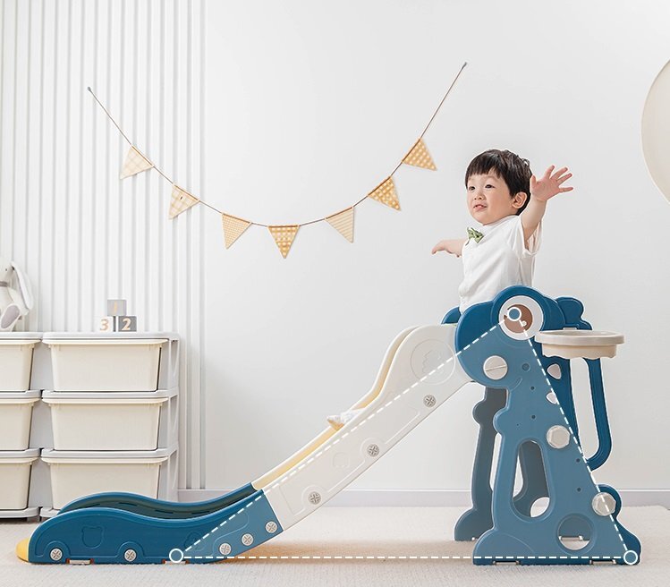 Nichiduta Garden Tobogan pentru copii Dinosaur Blue cu mini-cos de Baschet si joc de precizie cu inele prevazut cu scara manere de sustinere design pliabil dimensiune 150 x 67.5 cm