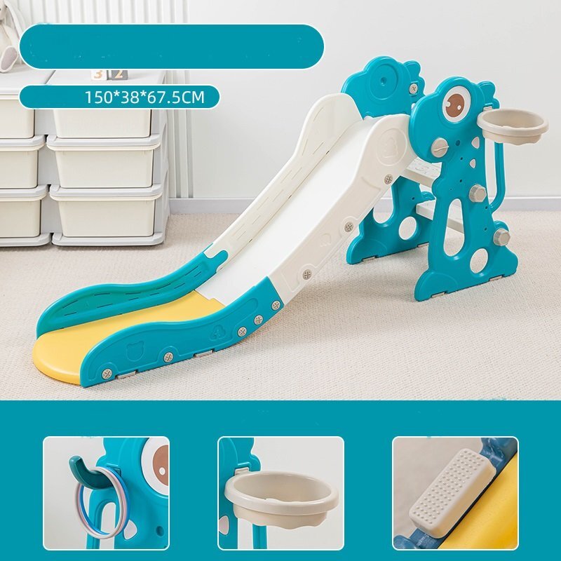 Nichiduta Garden Tobogan pentru copii Dinosaur Green cu mini-cos de Baschet si joc de precizie cu inele prevazut cu scara manere de sustinere design pliabil dimensiune 150 x 67.5 cm