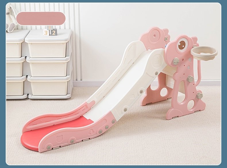 Nichiduta Garden Tobogan pentru copii Dinosaur Pink cu mini-cos de Baschet si joc de precizie cu inele prevazut cu scara manere de sustinere design pliabil dimensiune 150 x 67.5 cm