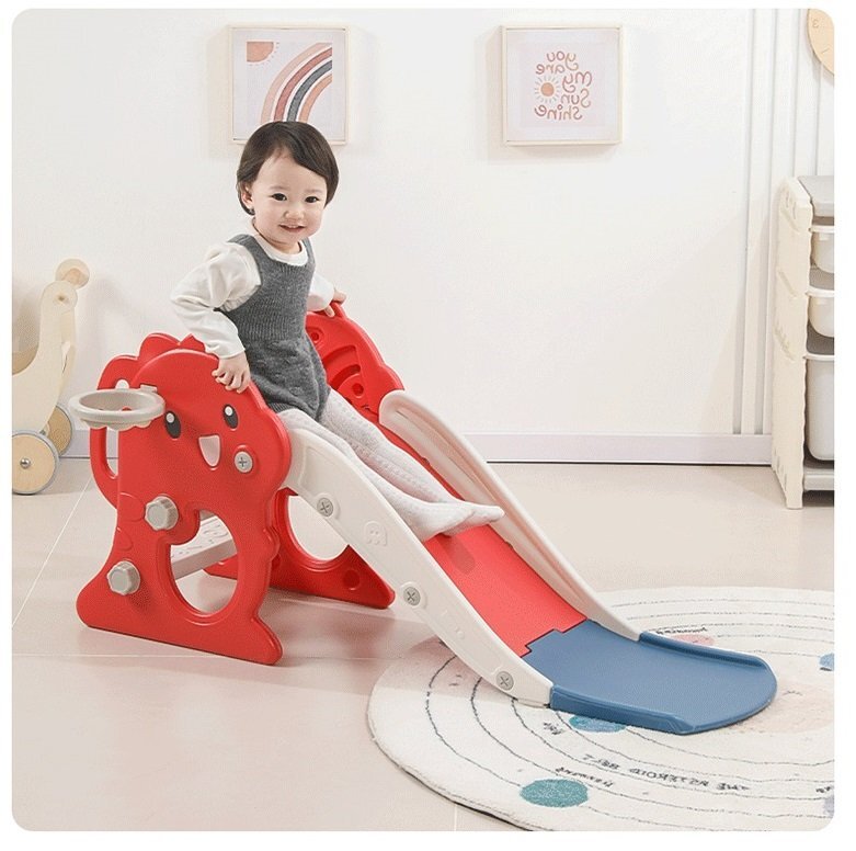 Nichiduta Garden Tobogan pentru copii Little Red Dragon design pliabil cu mini-cos de baschet prevazut cu scara manere de sustinere dimensiune 38 x 115 x 54 cm