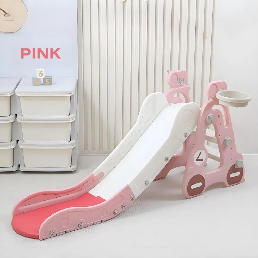 Nichiduta Garden Tobogan pentru copii Pink Car cu mini-cos de Baschet si joc de precizie cu inele cu scara manere de sustinere design pliabil 38 x 155 x 70cm