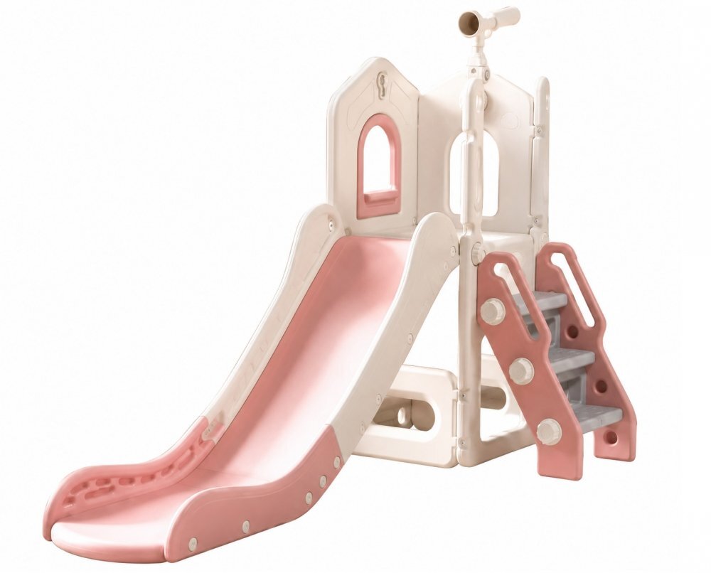Nichiduta Garden Tobogan pentru copii Sky Bear Pink structura ergonomica cu mini-cos de baschet zona de observare cu telescop integrat scara si manere de sustinere dimensiune 155 x 87 x 69 cm