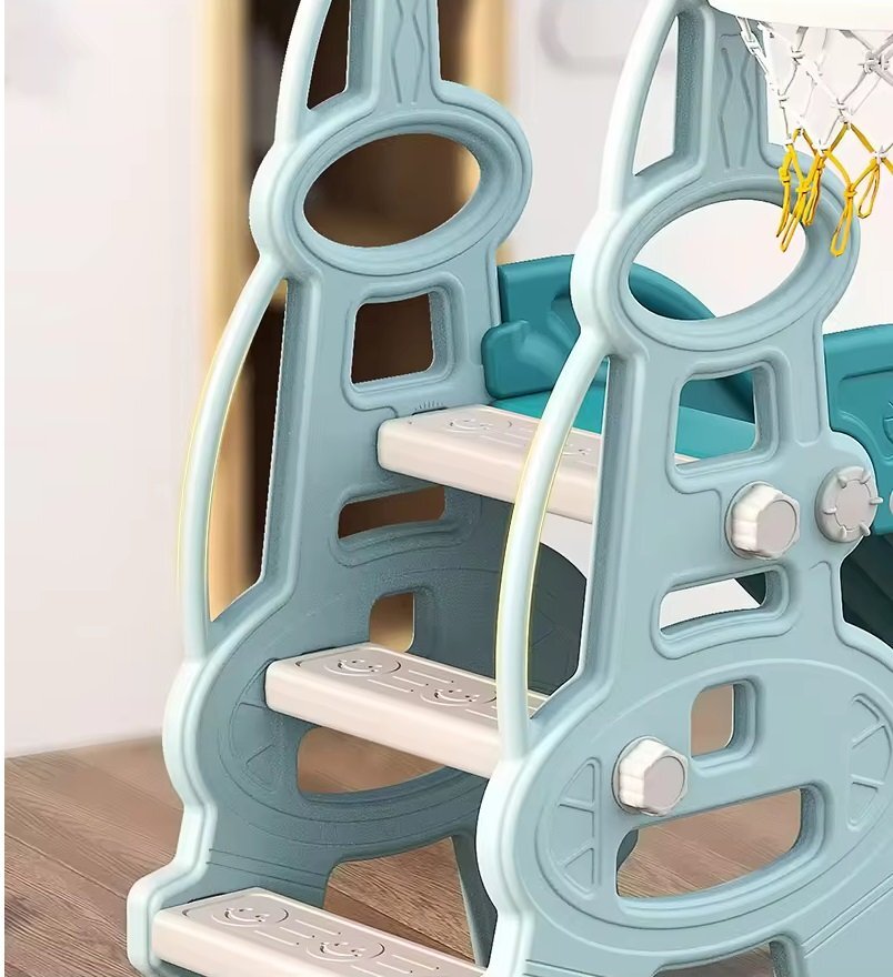 Nichiduta Garden Tobogan pentru copii Tower Blue interiorexterior cu Manere si margini rotunjite Cos de baschet si minge Panta alunecare 135 cm