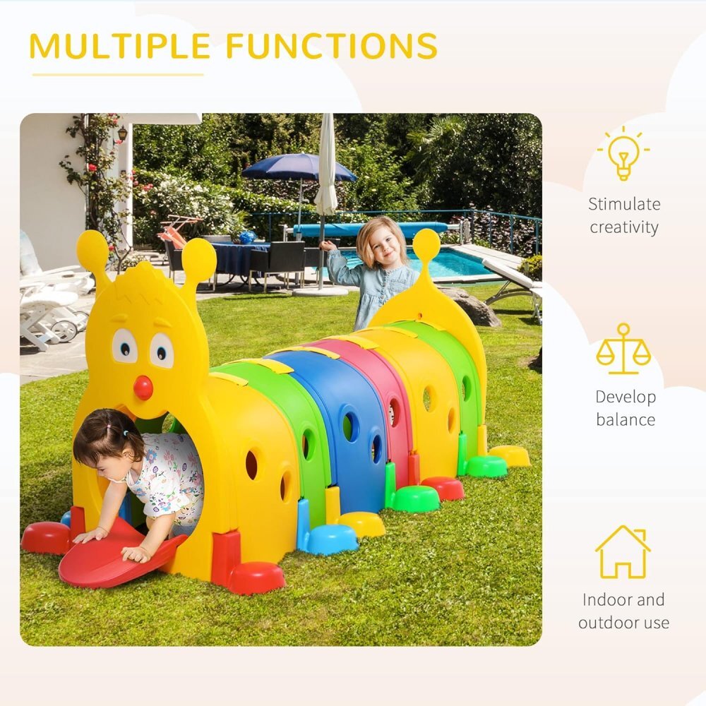 Nichiduta Garden Tunel de joaca pentru copii Omida multicolora design modular cu 4 segmente tubulare robust si sigur dimensiune 195 x 105 x 105 cm