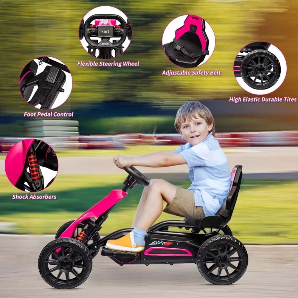Nichiduta Kart electric pentru copii Go kart Sport Pink structura metalica motor 45W acumulator 12V 7Ah cu roti din spuma EVA pornire la buton slow start scaun reglabil in 4 pozitii dimensiune 100 x 58 x 58.5cm