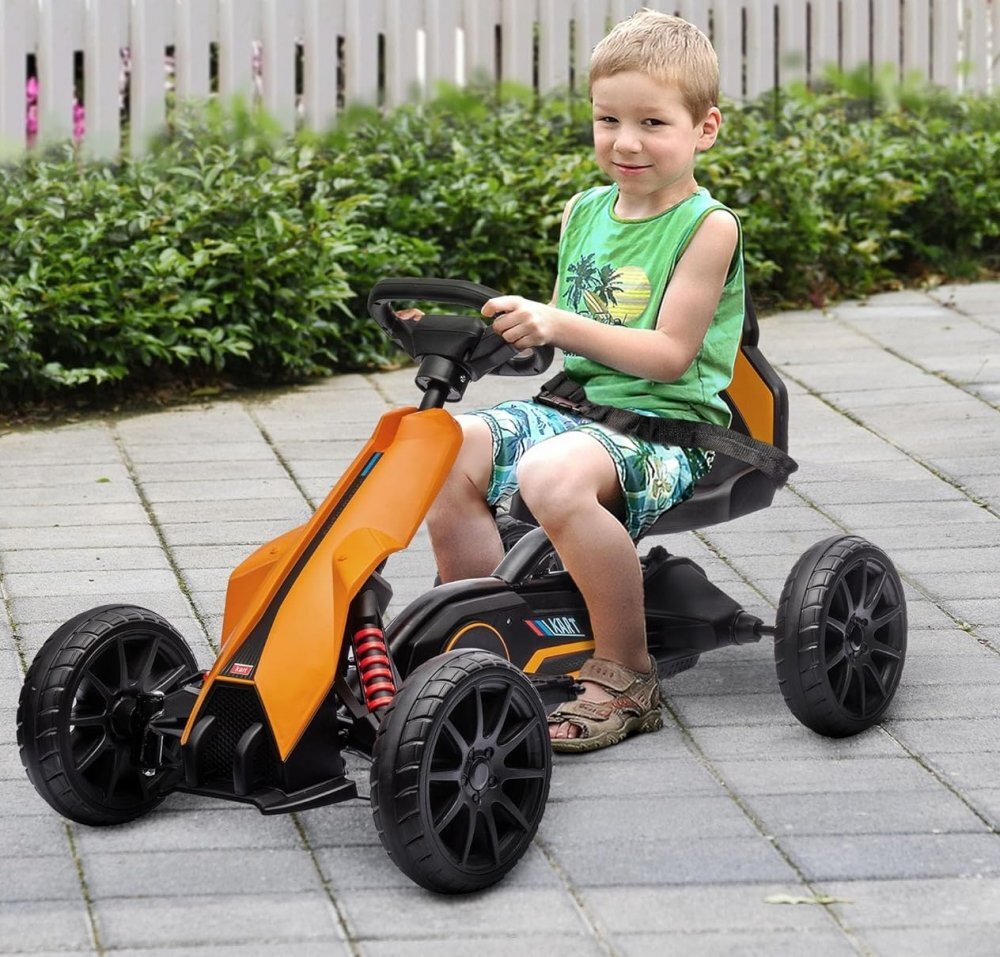 Nichiduta Kart electric pentru copii Go kart Sport Yellow structura metalica motor 45W acumulator 12V 7Ah cu roti din spuma EVA pornire la buton slow start scaun reglabil in 4 pozitii dimensiune 100 x 58 x 58.5cm