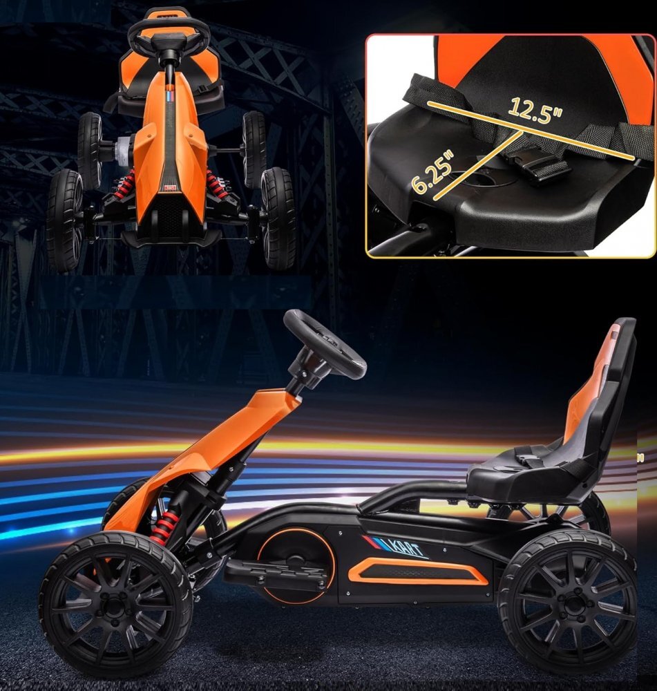 Nichiduta Kart electric pentru copii Go kart Sport Yellow structura metalica motor 45W acumulator 12V 7Ah cu roti din spuma EVA pornire la buton slow start scaun reglabil in 4 pozitii dimensiune 100 x 58 x 58.5cm