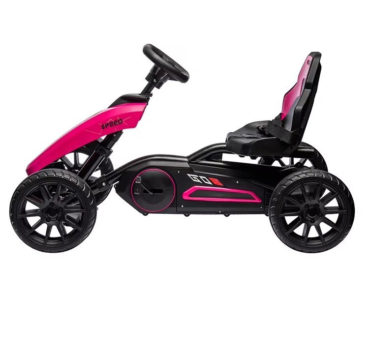 Nichiduta Kart pentru copii Speed Pink structura metalica cu pedale si roti silentioase din spuma EVA scaun reglabil frana de mana pe rotile din spate greutate maxima admisa 30 kg dimensiune 100 x 58 x 58.5 cm