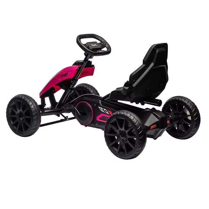 Nichiduta Kart pentru copii Speed Pink structura metalica cu pedale si roti silentioase din spuma EVA scaun reglabil frana de mana pe rotile din spate greutate maxima admisa 30 kg dimensiune 100 x 58 x 58.5 cm