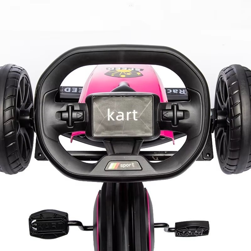 Nichiduta Kart pentru copii Speed Pink structura metalica cu pedale si roti silentioase din spuma EVA scaun reglabil frana de mana pe rotile din spate greutate maxima admisa 30 kg dimensiune 100 x 58 x 58.5 cm