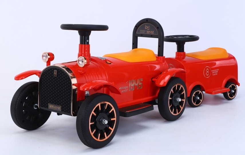 Nichiduta Masinuta electrica de epoca pentru copii Modern Classic Red 12V cu Vagon pentru al doilea copil 2 motoare Spatar inalt Roti din plastic rezistent Faruri cu lumini LED Pornire la buton Pedala de acceleratie