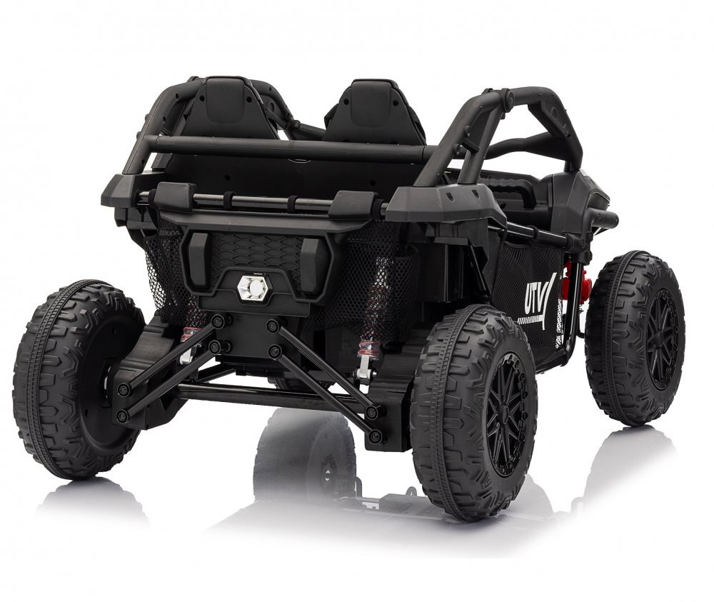 Nichiduta Masinuta electrica de teren pentru 2 copii UTV 4x4 Black800W telecomanda 2.4Gacumulator 12V10Ahroti late din cauciuc EVAscaun din pielesuspensiifaruri cu lumini LEDmufa USBMP3Bluetooth120x81x65cm