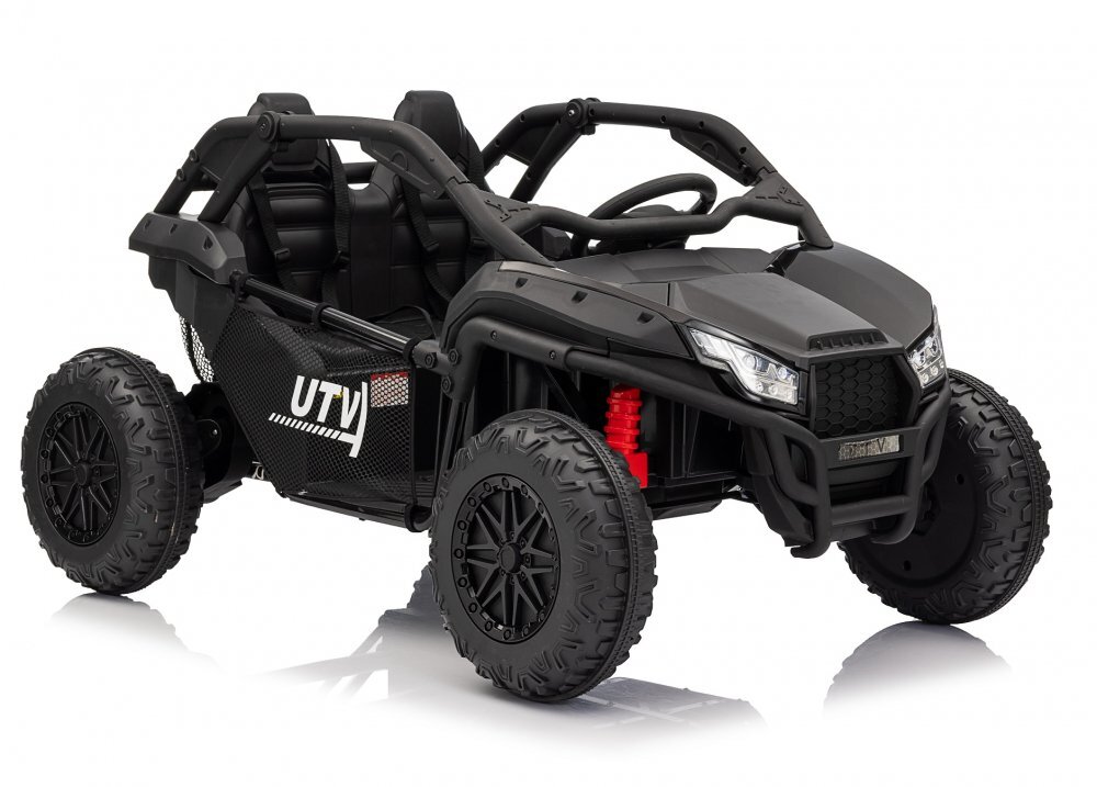 Nichiduta Masinuta electrica de teren pentru 2 copii UTV 4x4 Black800W telecomanda 2.4Gacumulator 12V10Ahroti late din cauciuc EVAscaun din pielesuspensiifaruri cu lumini LEDmufa USBMP3Bluetooth120x81x65cm