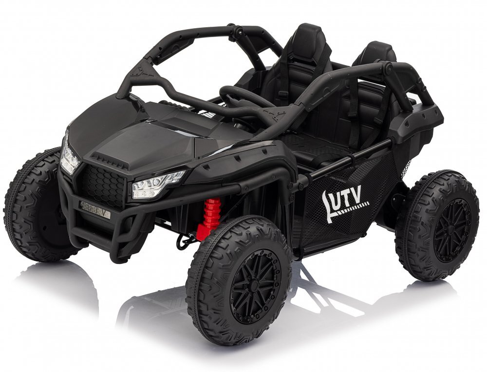 Nichiduta Masinuta electrica de teren pentru 2 copii UTV 4x4 Black800W telecomanda 2.4Gacumulator 12V10Ahroti late din cauciuc EVAscaun din pielesuspensiifaruri cu lumini LEDmufa USBMP3Bluetooth120x81x65cm