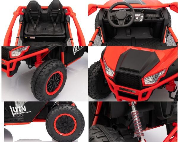 Nichiduta Masinuta electrica de teren pentru 2 copii UTV 4x4 Red800W telecomanda 2.4Gacumulator 12V10Ahroti late din cauciuc EVAscaun din pielesuspensiifaruri cu lumini LEDmufa USBMP3Bluetooth120x81x65cm