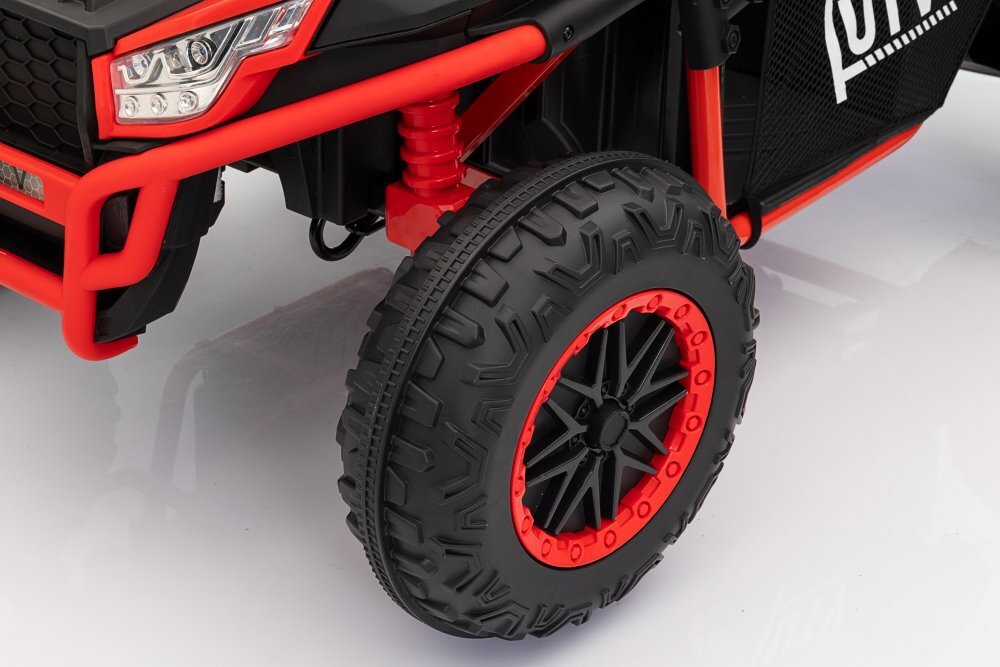 Nichiduta Masinuta electrica de teren pentru 2 copii UTV 4x4 Red800W telecomanda 2.4Gacumulator 12V10Ahroti late din cauciuc EVAscaun din pielesuspensiifaruri cu lumini LEDmufa USBMP3Bluetooth120x81x65cm