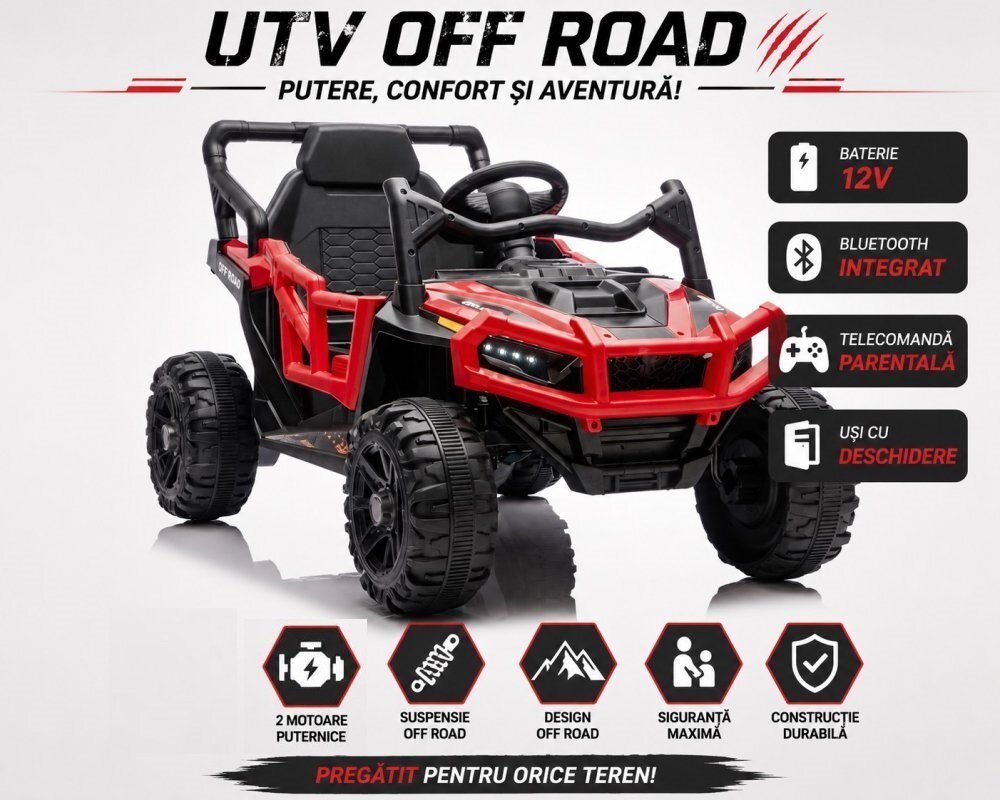Nichiduta Masinuta electrica Off Road UTV Red cu telecomanda 2.4Gacumulator 12V4.5Ahdoua motoarex35Wslow startroti robuste cu rulmentsuspensiiusi cu deschiderebluetooth