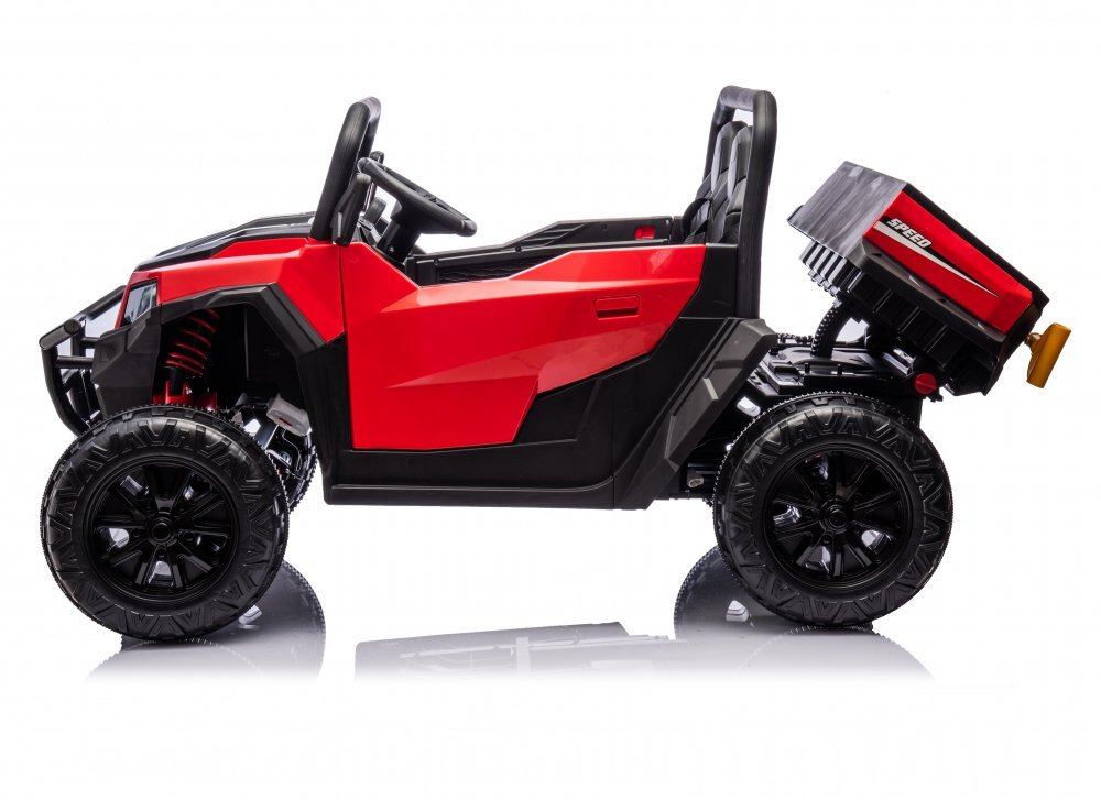 Nichiduta Masinuta electrica pentru 2 copii Speed 4x4 Red cu remorcatelecomanda 2.4Gacumulator 12V10Ah4 motoareroti din cauciuc EVAscaun din pielesuspensiifaruri cu lumini LEDmufa USBMP3Bluetoothcenturi siguranta