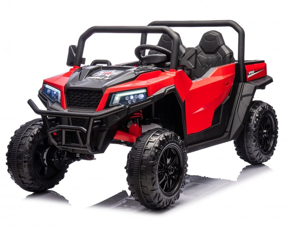 Nichiduta Masinuta electrica pentru 2 copii Speed 4x4 Red cu remorcatelecomanda 2.4Gacumulator 12V10Ah4 motoareroti din cauciuc EVAscaun din pielesuspensiifaruri cu lumini LEDmufa USBMP3Bluetoothcenturi siguranta