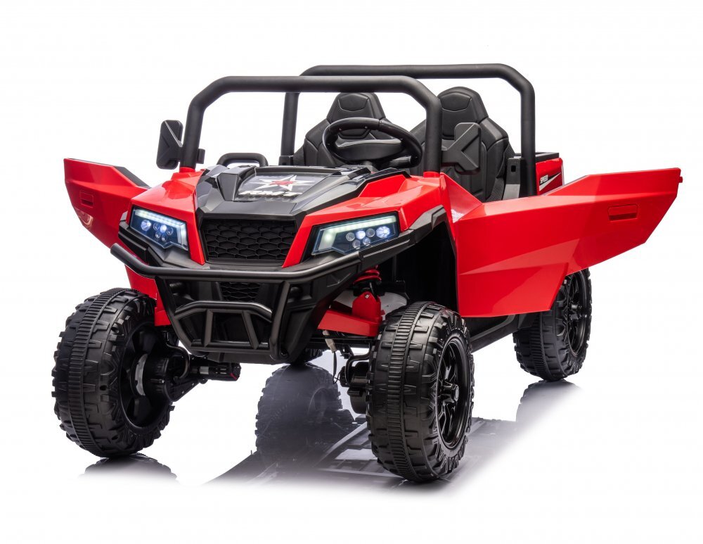 Nichiduta Masinuta electrica pentru 2 copii Speed 4x4 Red cu remorcatelecomanda 2.4Gacumulator 12V10Ah4 motoareroti din cauciuc EVAscaun din pielesuspensiifaruri cu lumini LEDmufa USBMP3Bluetoothcenturi siguranta