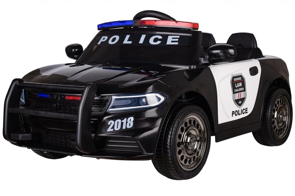 Nichiduta Masinuta electrica pentru copii Police Patrol Black 70W cu girofar politie si statie unitate audio cu display baterie USB si sistem troller