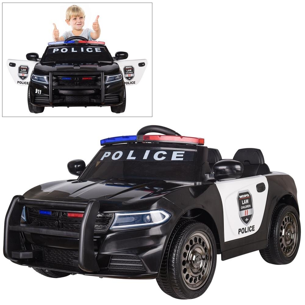 Nichiduta Masinuta electrica pentru copii Police Patrol Black 70W cu girofar politie si statie unitate audio cu display baterie USB si sistem troller