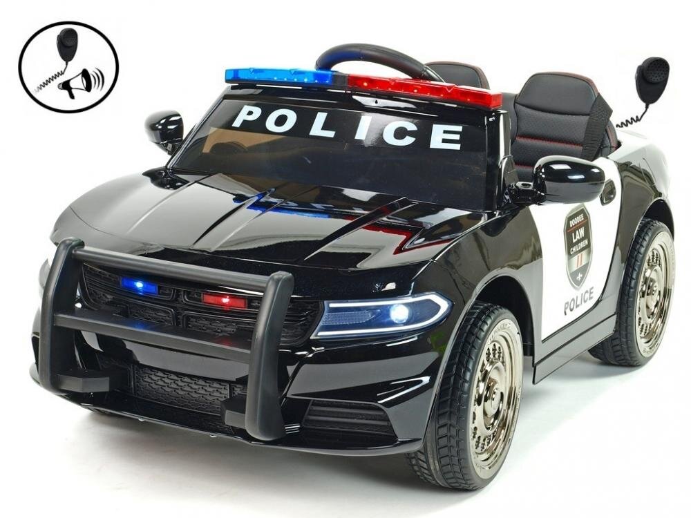 Nichiduta Masinuta electrica pentru copii Police Patrol Black 70W cu girofar politie si statie unitate audio cu display baterie USB si sistem troller