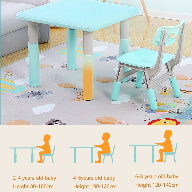 Nichiduta Masuta din plastic pentru copii 60x60 cm cu inaltime reglabila pe 7 nivelemargini rotunjitepicioare antiderapante pentru activitati acasacresa sau gradinita Blue