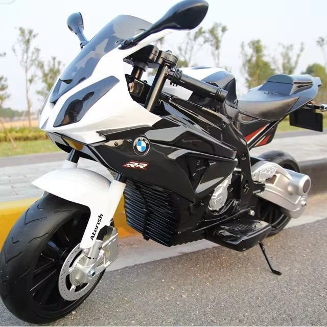 Nichiduta Motocicleta electrica pentru copii 12V 90W BMW 528 RR cu pornire la cheie roti eva si scaun de piele doua motoare puternice si cric pliabil