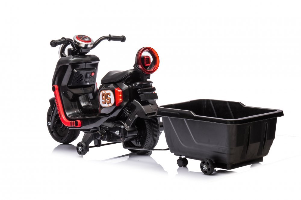 Nichiduta Motocicleta electrica pentru copii SafeRider 95 Blackremorca detasabilaroti ajutatoaremotor 35wacumulator 6V7Ahfar cu lumini LEDroti rezistentemanere ergonomicemuzicapornire la buton