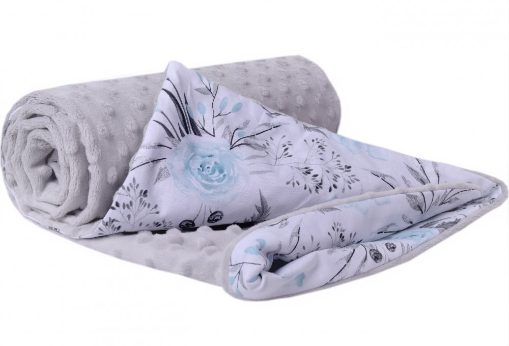 Nichiduta Paturica pentru copii Flowers Grey Blue cu doua fete material bumbac minky 100 dimensiune 75 x 100 cm