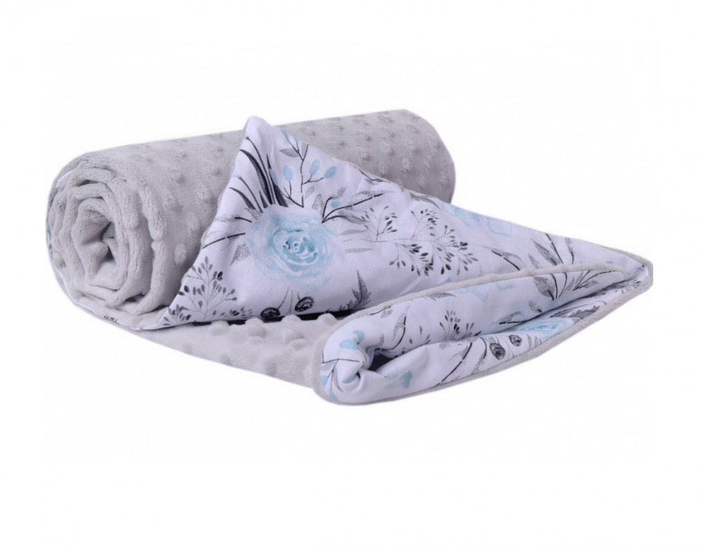 Nichiduta Paturica pentru copii Flowers Grey Blue cu doua fete material bumbac minky 100 dimensiune 75 x 100 cm