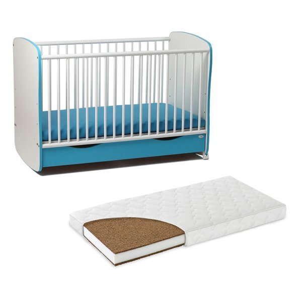 Nichiduta Patut cu sertar si leganare Turcoaz + Saltea cu husa din bumbac 120x60x10 cm