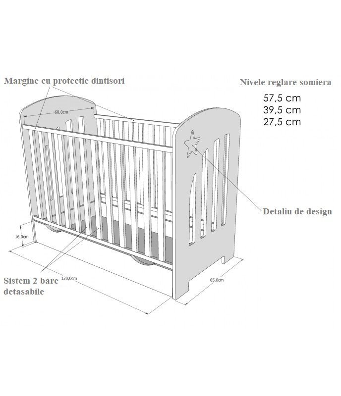 Nichiduta Patut din lemn 120x60cm cu somiera reglabila pe 3 nivele de inaltime si margine din silicon pentru protectie dintisori Little Star White